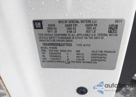 2011 GMC Acadia Slt-1 from USA, damaged, VIN 1GKKRRED8BJ377630